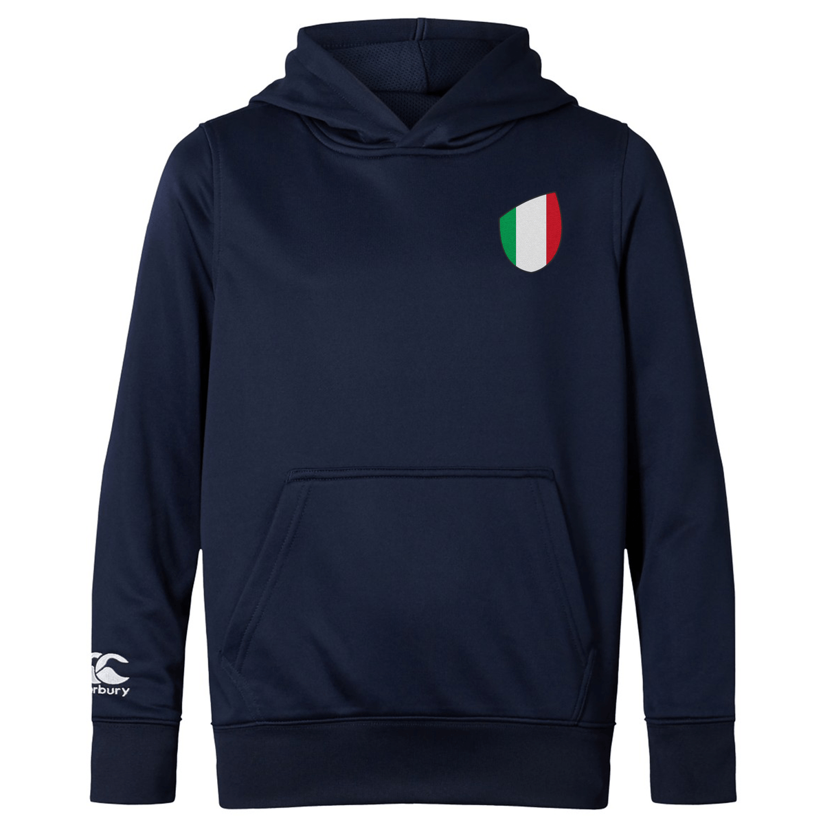 New arrival: The Italy Shield Club Lightweight Hoodie by EMB Canterbury, in navy blue, features a front pocket, an Italy Shield Club emblem on the chest, and a Canterbury logo on the sleeve. This stylish piece is perfect for showcasing your love for Italy.