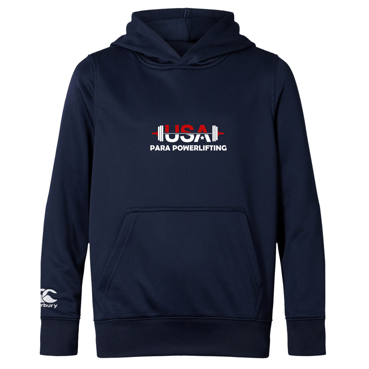 The USA Para Powerlifting Club Lightweight Hoodie by WRS Canterbury is a navy blue polyester hoodie with a front pocket, "USA Para Powerlifting" barbell logo on the chest, and Canterbury Club logo on the left sleeve.