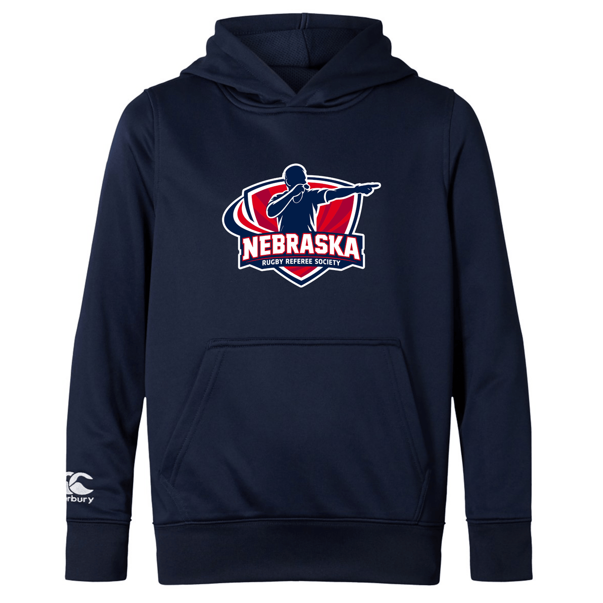 The Nebraska Rugby Referee Society Club Lightweight Hoodie by WRS Canterbury features a navy blue design with logo and red-white accents on the front. Made from durable polyester for comfort and longevity.