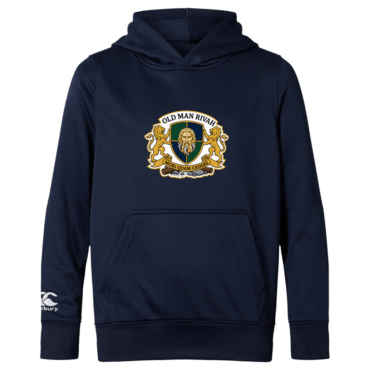 The Old Man Rivah Rugby Club Lightweight Hoodie by WRS Canterbury is a navy blue hoodie with a club-inspired crest featuring two lions, a shield, lion head, and the text "OLD MAN RIVAH" and "NON QUAM CEDIMUS.