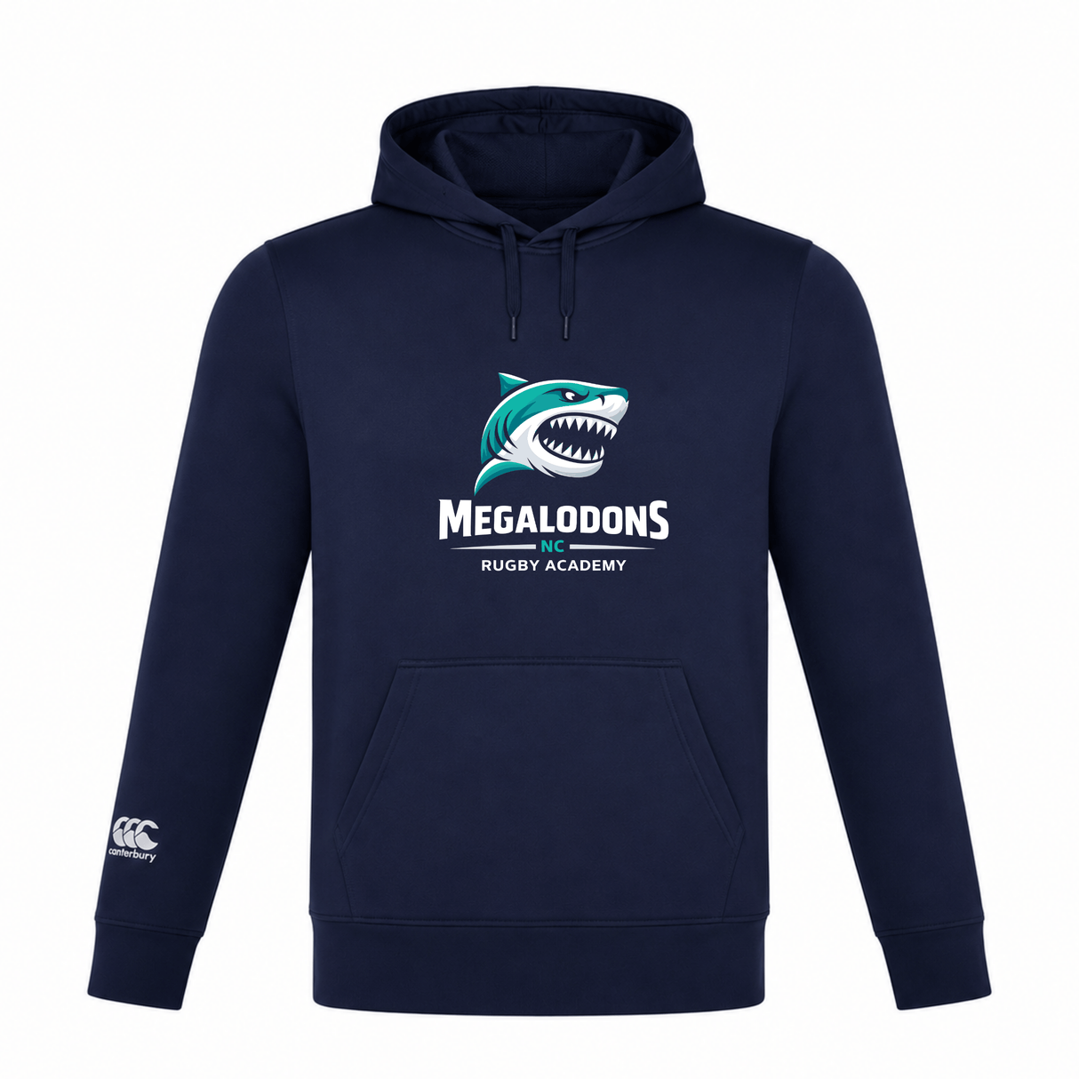 The NC Rugby Academy - Megalodons Club Lightweight Hoodie by Canterbury features a navy blue design, shark graphic, and "Megalodons NC Rugby Academy" text, plus a white Canterbury logo on the sleeve. Ideal for fans and players. Brand: WRS Canterbury.