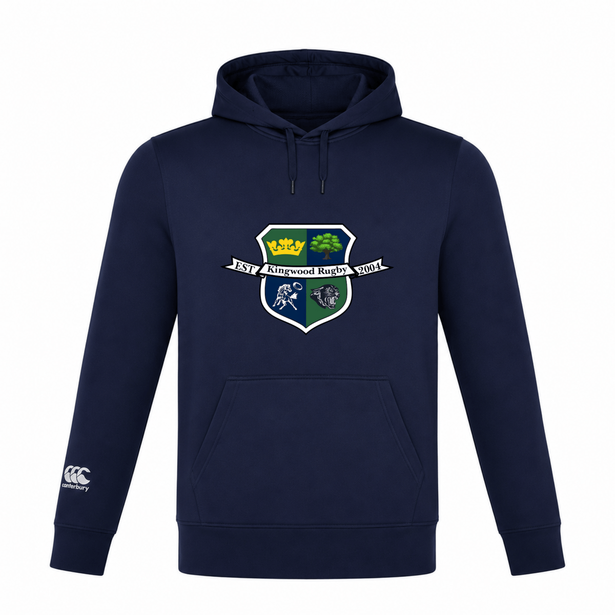 The Kingwood Rugby Club Lightweight Hoodie by WRS Canterbury is a navy blue hoodie with a shield-shaped crest on the chest and a white Canterbury Club logo on the left sleeve, custom made for team spirit and comfort.