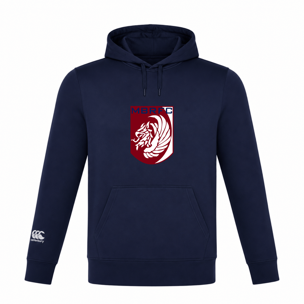 The Montgomery Bucks Griffins Club Lightweight Hoodie by Canterbury is a navy blue, lightweight hoodie with front pouch pocket, maroon and white MBRFC lion logo on the chest, and Canterbury branding on the left sleeve. Brand: WRS Canterbury.