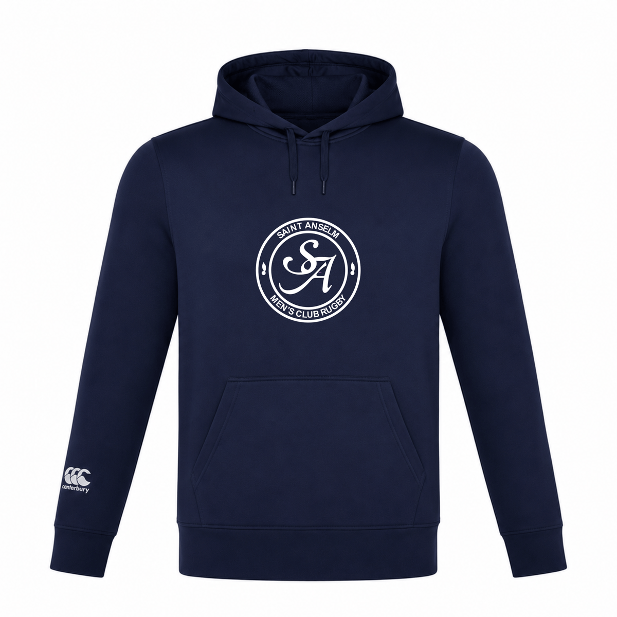 The Saint Anselm College Club Rugby Lightweight Hoodie by Canterbury features a navy blue design with a white "SA" Men's Club Rugby logo on the chest and a small Canterbury Club logo on the sleeve. Brand: WRS Canterbury.