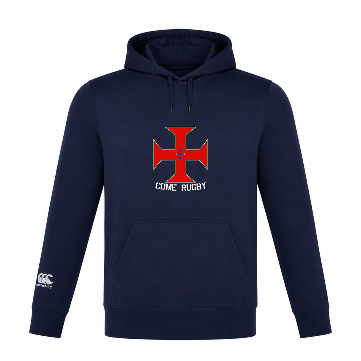 Introducing the SF CDME Rugby Club Lightweight Hoodie by Canterbury, a navy blue hoodie from WRS Canterbury. It features a striking red cross emblem with "CDME RUGBY" text on the front and the signature white Canterbury logo on the left sleeve. Crafted from lightweight polyester, this hoodie ensures comfort and style whether you’re on or off the field.