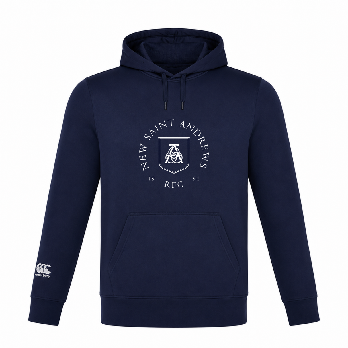 Introducing the New Saint Andrews College Club Lightweight Hoodie by Canterbury. This navy blue hoodie, custom made by WRS Canterbury, features the New Saint Andrews RFC logo in white on the chest and a small Canterbury Club logo on the lower left sleeve. Combining comfort and style, it’s a perfect addition to your collection.