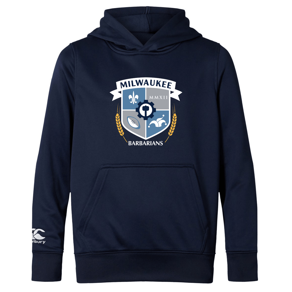 The Milwaukee Barbarians Rugby Club Lightweight Hoodie by WRS Canterbury features a crest logo on the chest and a small Canterbury logo on the left sleeve. Navy blue, custom made, lightweight, and perfect for fans.