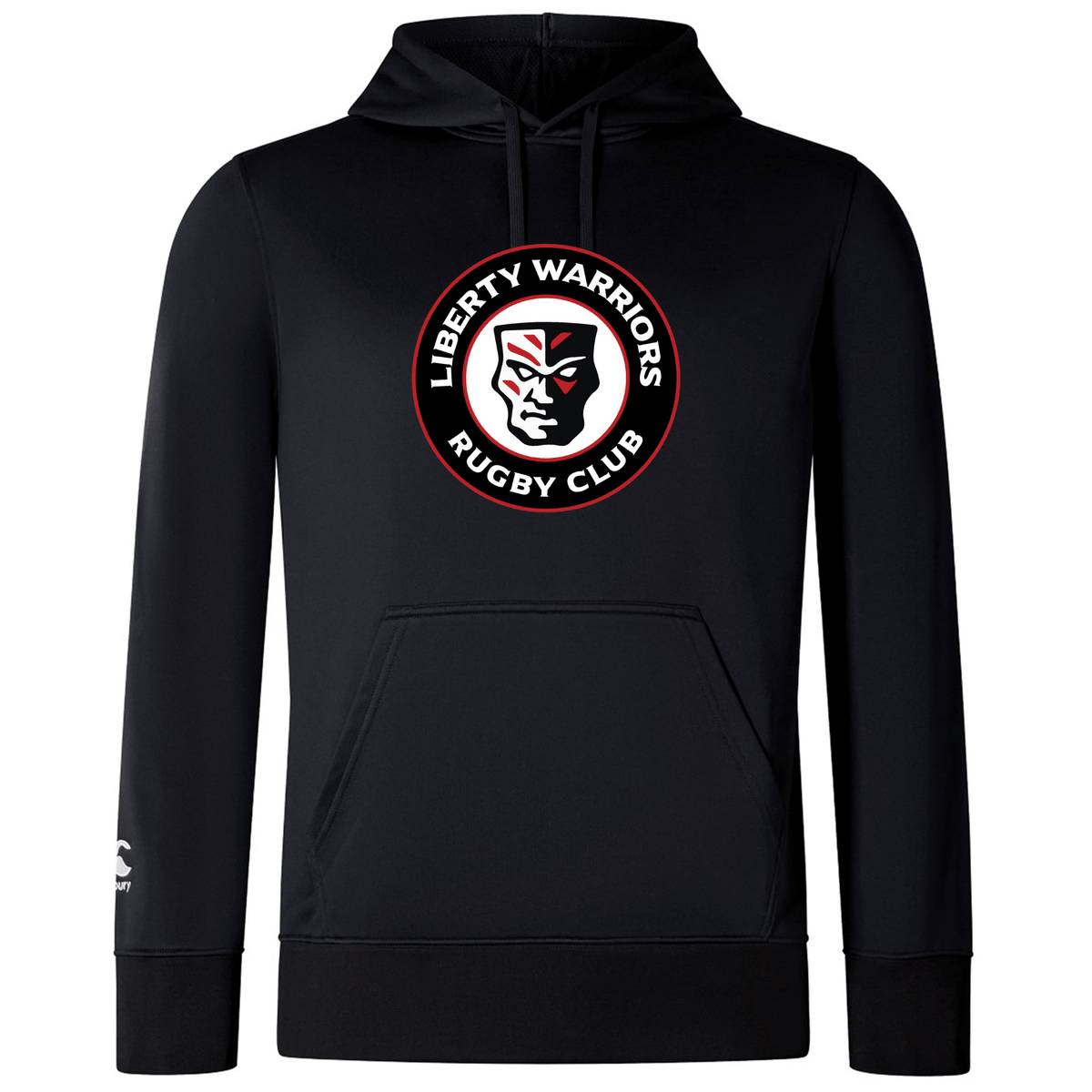 This lightweight black hoodie by WRS Canterbury, named the "Liberty Lake Warriors Club Lightweight Hoodie," features a stylized face logo of the "Liberty Warriors Rugby Club" at the center. It includes a polyester hood and a Canterbury logo for an authentic touch.