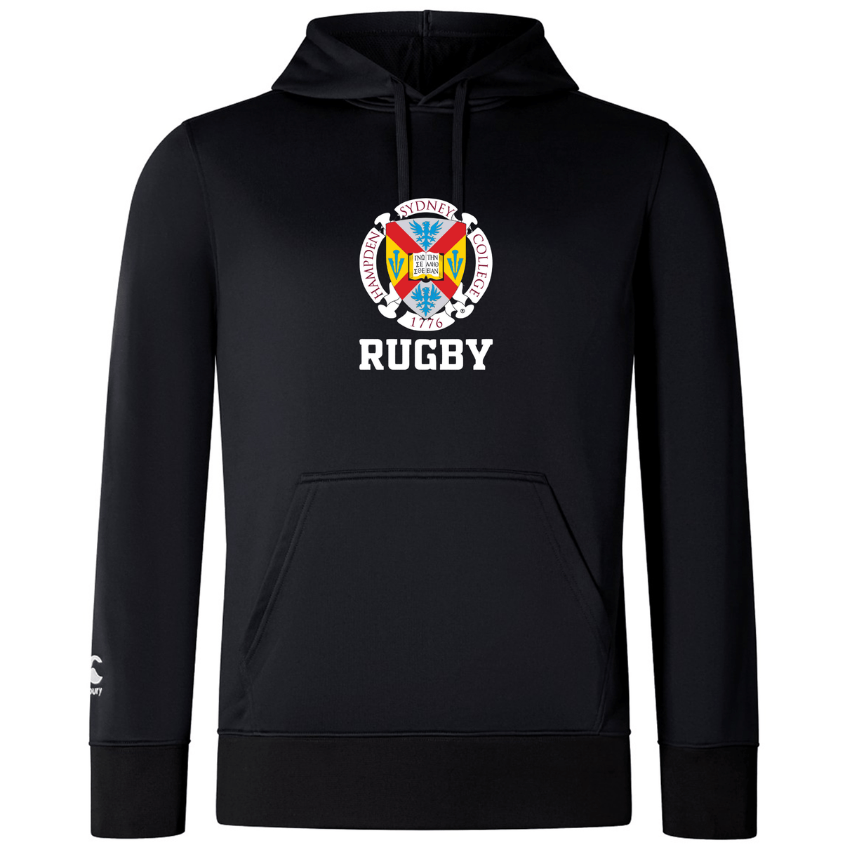 The Hampden Sydney College Club Lightweight Hoodie by WRS Canterbury is a black, lightweight hoodie featuring a colorful crest with the text "1776" and "Sydney College" above the word "Rugby," complete with a convenient kangaroo pocket.