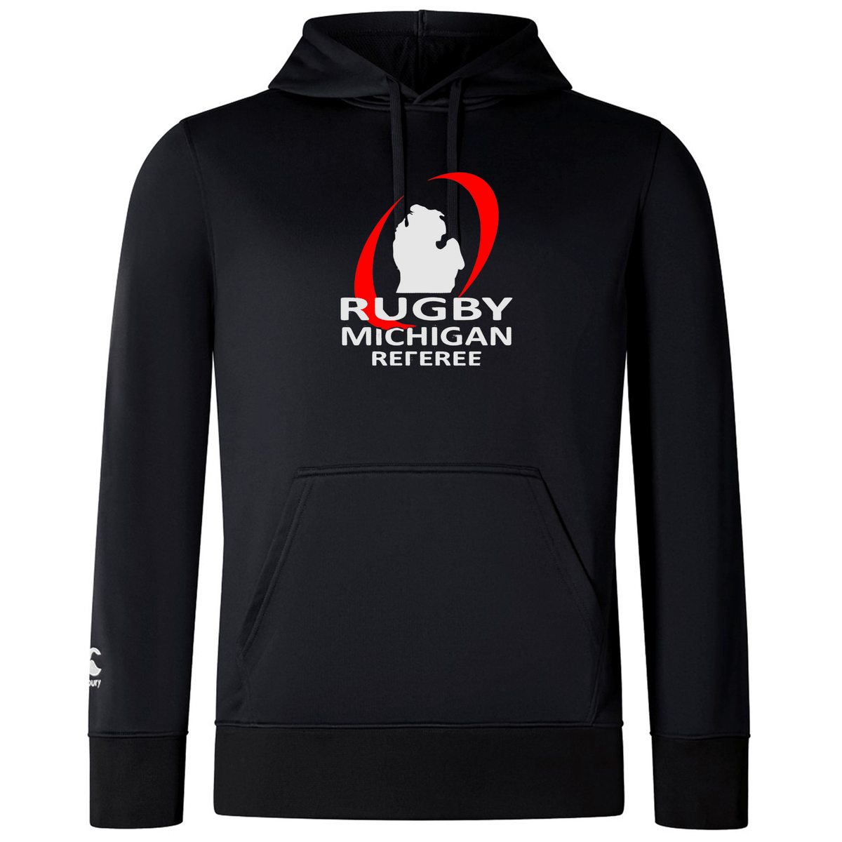 The WRS Canterbury "Rugby Michigan Referee Society Club" lightweight hoodie is black with a kangaroo pocket, and it showcases the logo in white and red on the chest.
