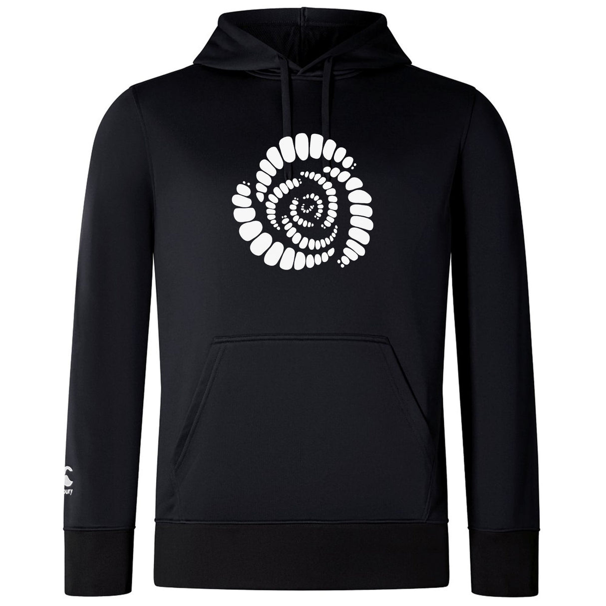 The Missoula All-Maggots Club Lightweight Hoodie by Canterbury from WRS Canterbury is a black hoodie featuring a white spiral shell graphic on the chest and a small white emblem on the right sleeve; it has a front pocket and drawstring hood, making it perfect as a custom-made Canterbury Club hoodie.