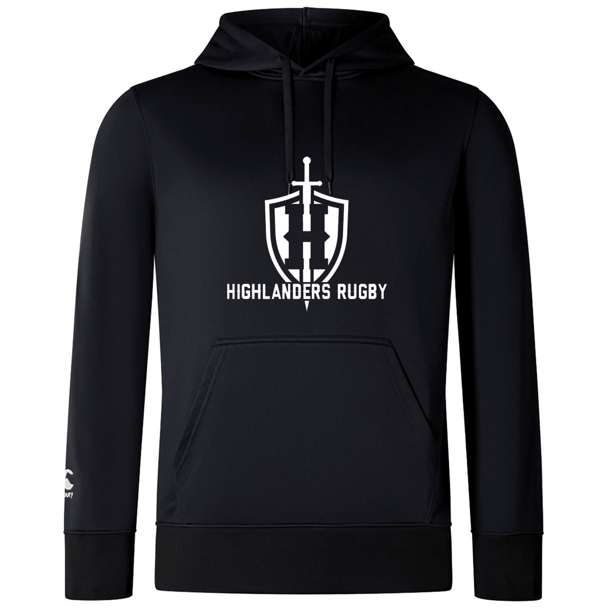 The Highlanders Rugby NC Club Lightweight Hoodie by WRS Canterbury is a black, lightweight hoodie that features a kangaroo pocket and the "Highlanders Rugby" logo and text in white on the chest.