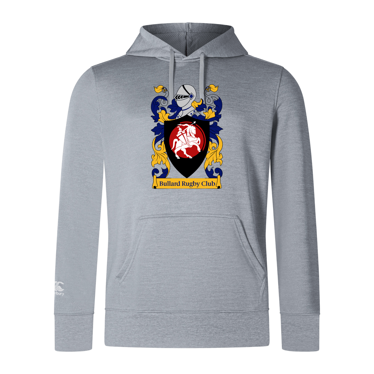 Introducing the Bullard Rugby Club Lightweight Hoodie by Canterbury, crafted by WRS Canterbury. This stylish grey hoodie showcases the club's crest complete with a knight's helmet, blue and yellow accents, and a distinctive central red shield featuring a white horse design. Made from comfortable polyester, the hoodie is finished with an embroidered CCC logo for added flair.
