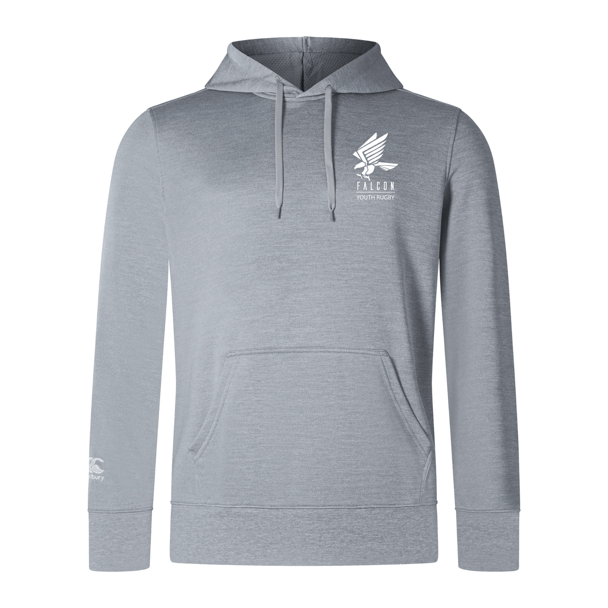 The Falcon Youth Rugby Embroidered Club Lightweight Hoodie by EMB Canterbury is gray with a kangaroo pocket, hood, and drawstrings. It features a white "Falcon Youth Rugby" graphic on the chest and a Canterbury logo near the left cuff, blending style and comfort seamlessly.
