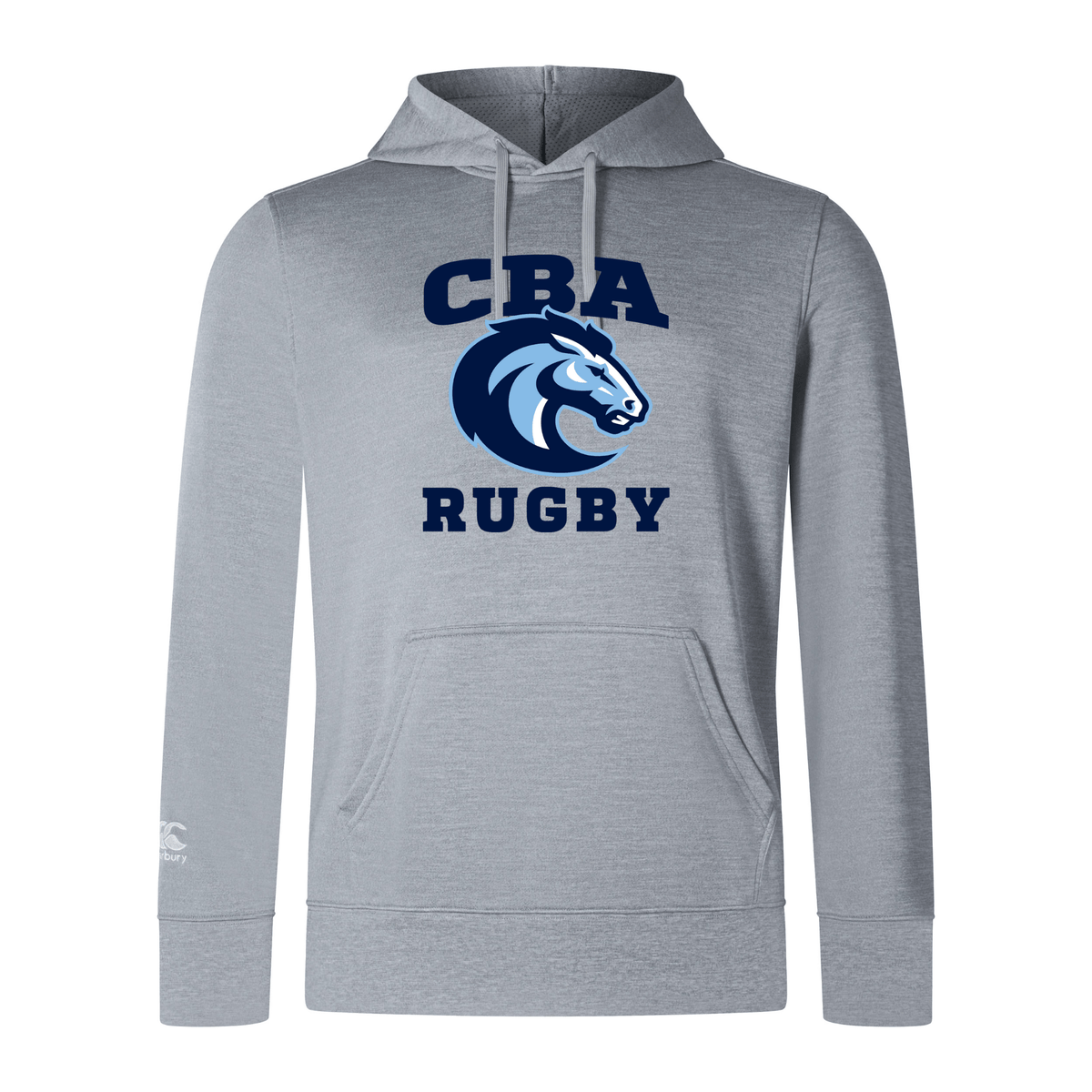 Gray polyester Christian Brothers Academy Rugby Club Lightweight Hoodie by WRS Canterbury, showcasing a blue and white stylized horse head logo with a kangaroo pocket for convenience.