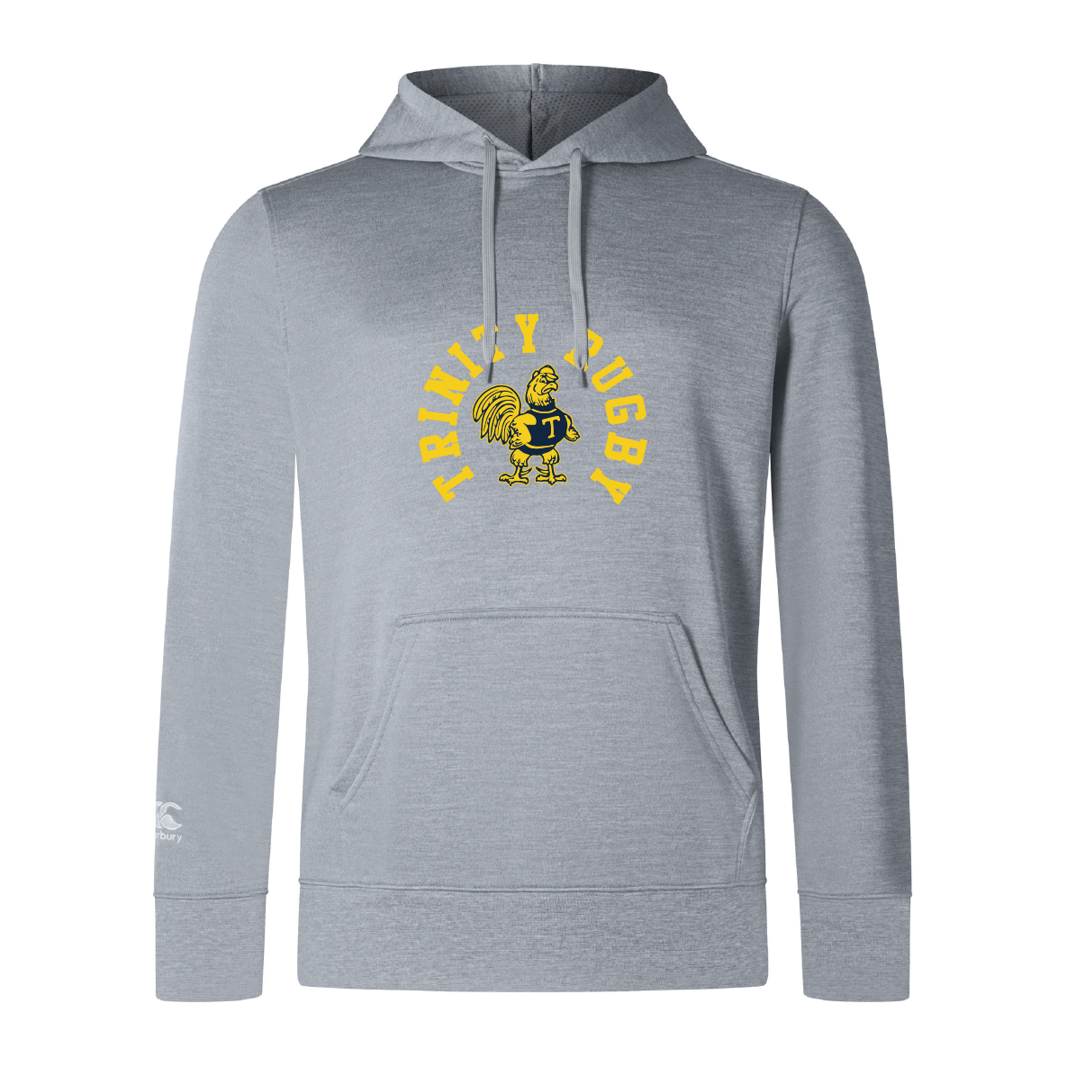 The Trinity College Club Lightweight Hoodie by Canterbury, from WRS Canterbury, is a stylish and comfortable gray hoodie that showcases "Trinity Rugby" text and a rooster emblem on the front. It features a drawstring hood and a spacious kangaroo pocket, making it perfect for any fan.