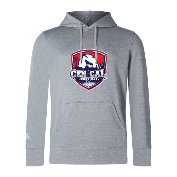 The CenCal Rugby Club Lightweight Hoodie by WRS Canterbury is a gray, lightweight hoodie with a kangaroo pocket and a bold bear-and-trees "Cen Cal Rugby Club" logo on the chest.