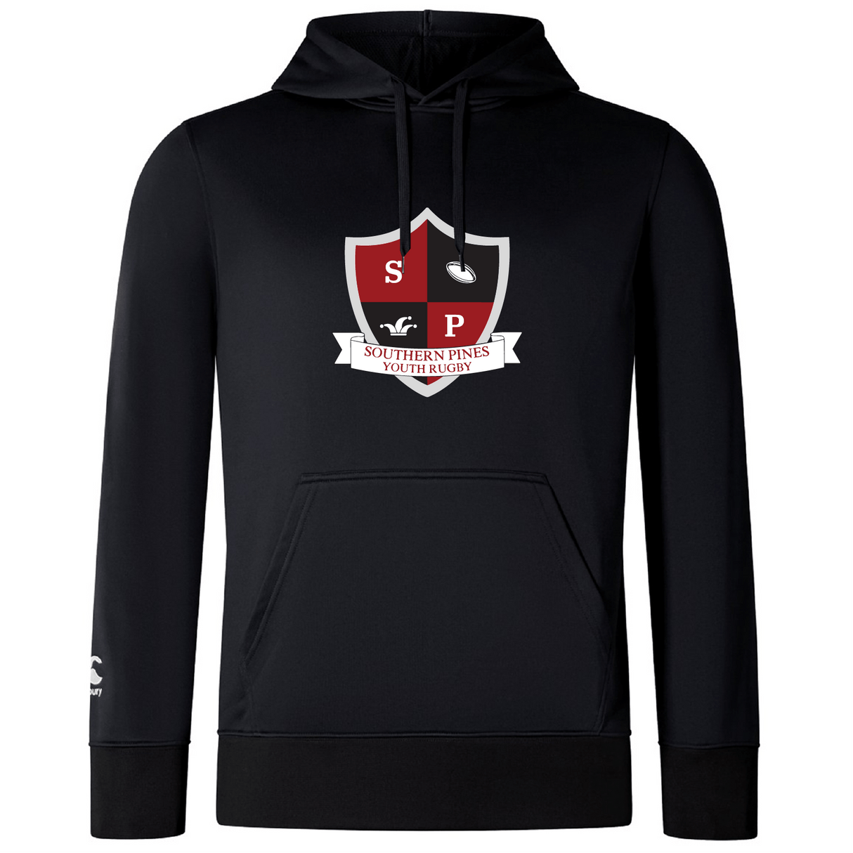 The WRS Canterbury Southern Pines Youth Rugby Club Lightweight Hoodie is black, featuring a shield design on the front, adjustable drawstrings, and a comfy polyester hood—ideal for fans.