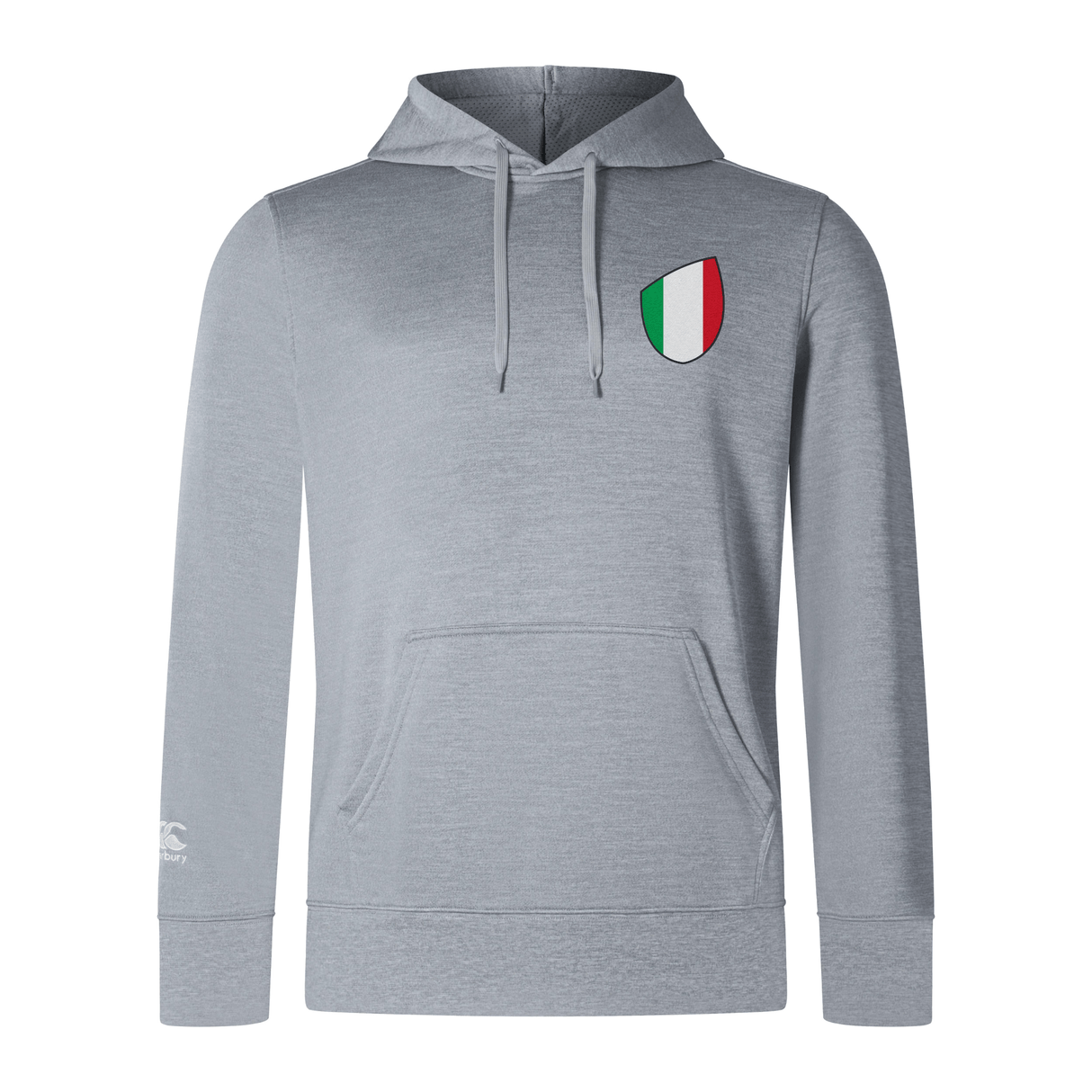 The EMB Canterbury Italy Shield Club Lightweight Hoodie in gray features a front pocket, drawstrings, and a chest patch. Just in and perfect for elevating your casual style.