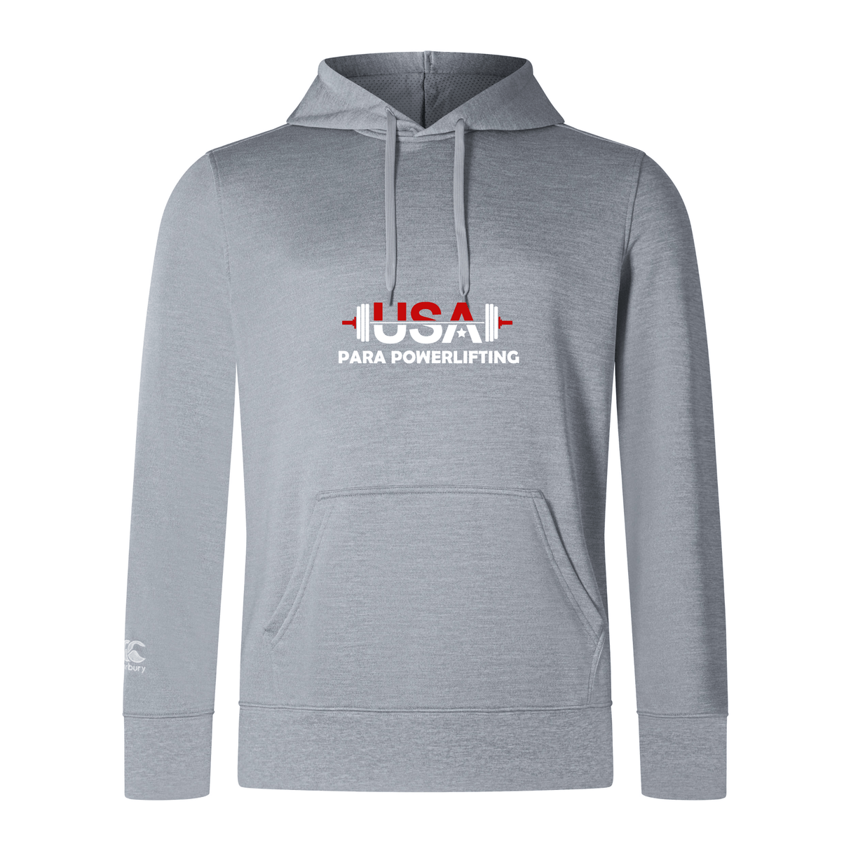 The USA Para Powerlifting Club Lightweight Hoodie by WRS Canterbury features a light gray design, front pocket, red and white "USA Para Powerlifting" logo with barbell graphic, and offers signature Canterbury comfort and durability.
