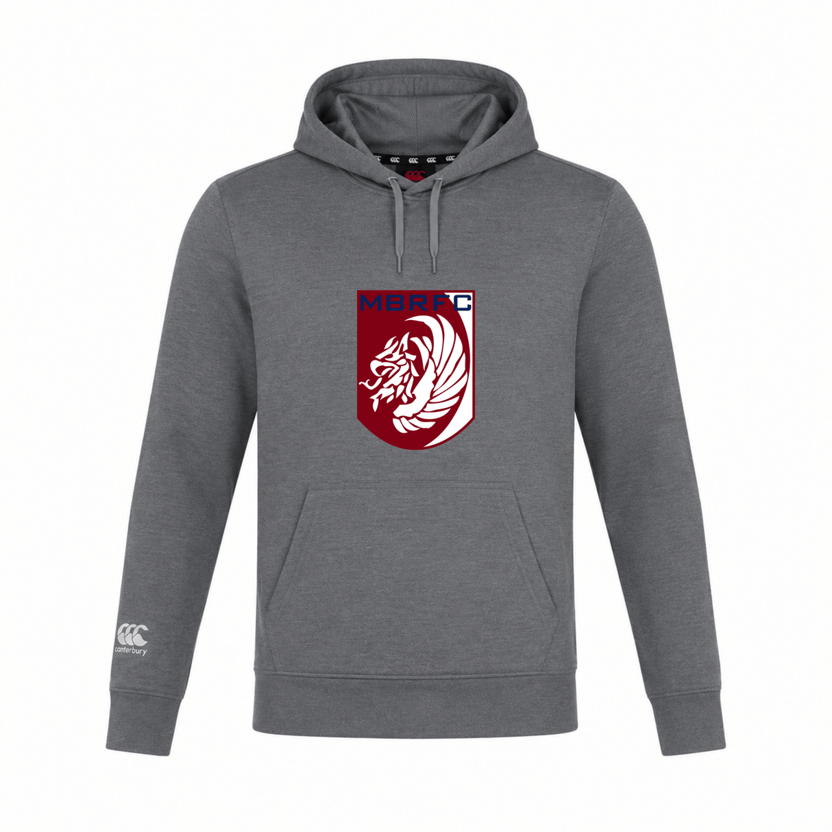 The Montgomery Bucks Griffins Club Lightweight Hoodie by WRS Canterbury is grey, lightweight, features a white and maroon lion crest with "MBRFC" on the chest, and has a small Canterbury Club logo on the left sleeve.