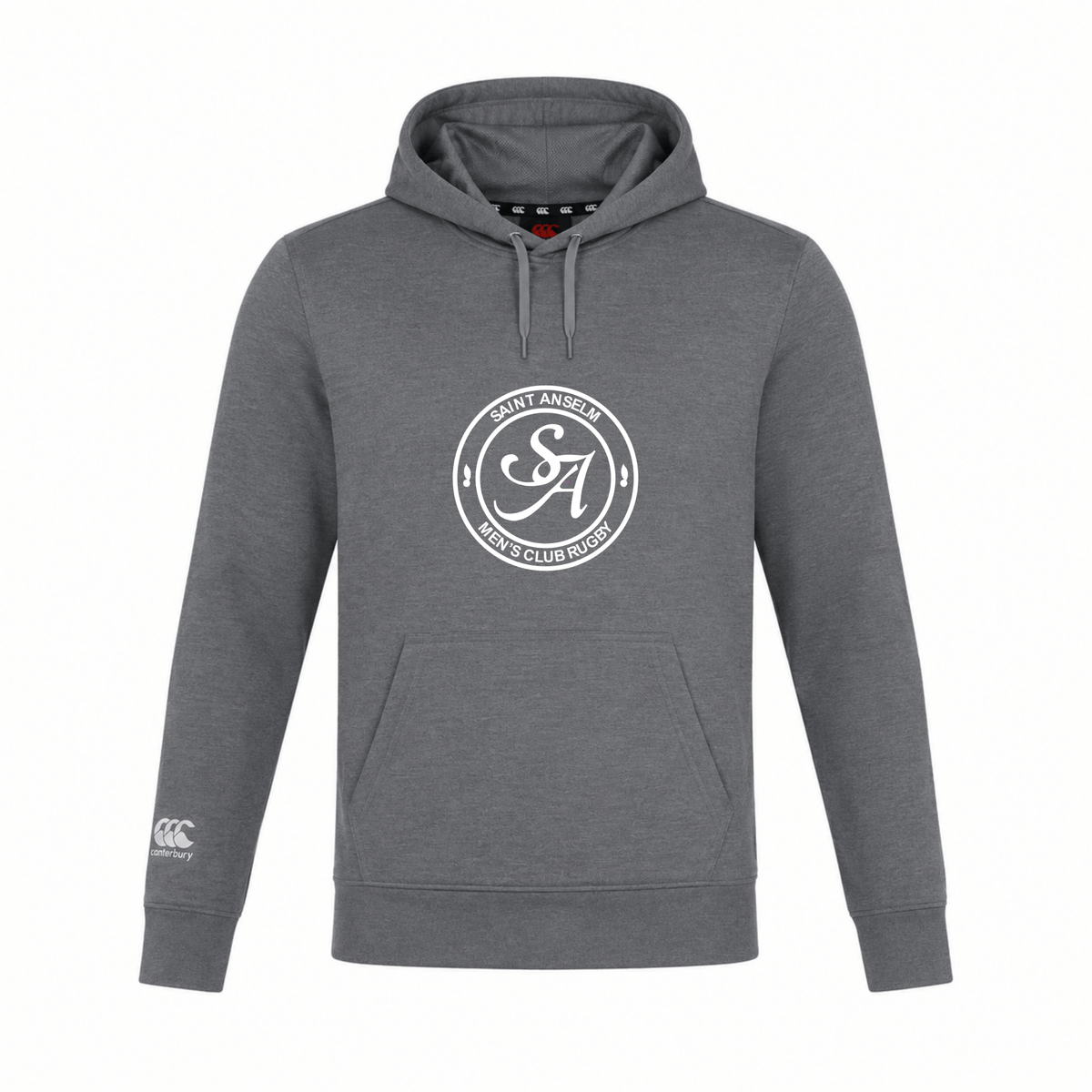 The Saint Anselm College Club Rugby Club Lightweight Hoodie by WRS Canterbury features a gray design, front kangaroo pocket, drawstrings, and a white circular "Saint Anselm Men's Club Rugby" logo on the chest. Stylish and comfortable custom clubwear.