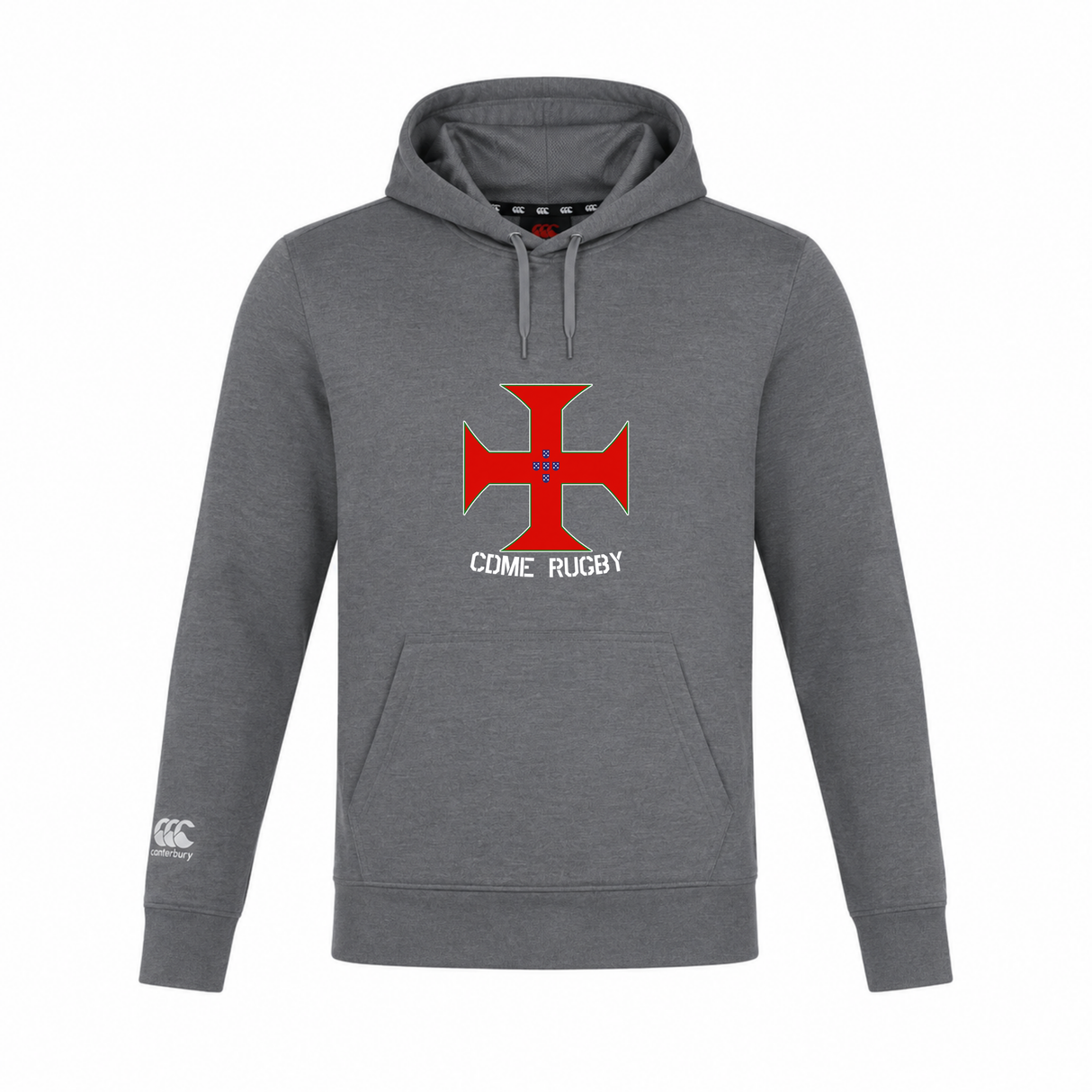 Introducing the SF CDME Rugby Club Lightweight Hoodie by Canterbury, from WRS Canterbury. This gray hoodie features a striking red cross with a blue center on the chest, "CDME RUGBY" text underneath, and a white logo on the left sleeve. Lightweight yet stylish, it's perfect for showing your team spirit while enjoying comfort and quality.