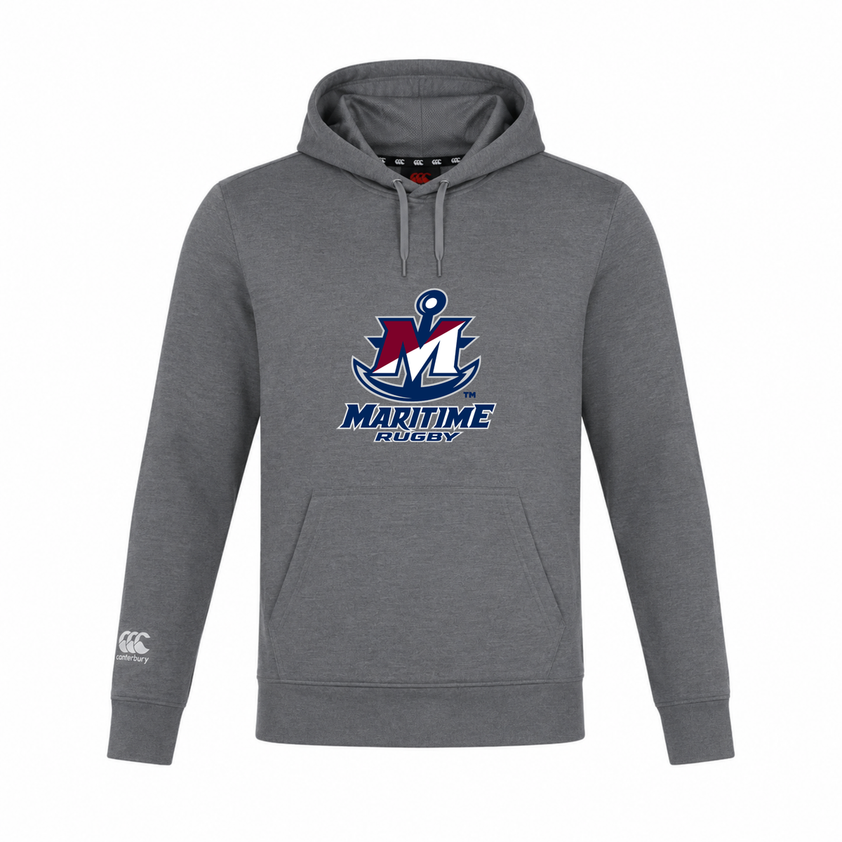 Grey SUNY Maritime Men’s Rugby Club Lightweight Hoodie by Canterbury featuring a drawstring hood, front pouch pocket, and a Maritime Rugby logo on the chest.