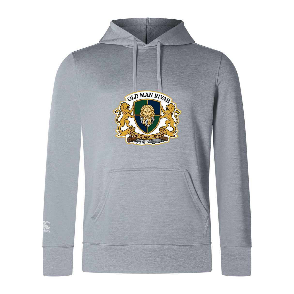 The WRS Canterbury Old Man Rivah Rugby Club Lightweight Hoodie is a light gray top with a lion crest, gold accents, and "OLD MAN RIVAL" and "VOIR QUAM CONDUC" text, inspired by classic Canterbury Club style.