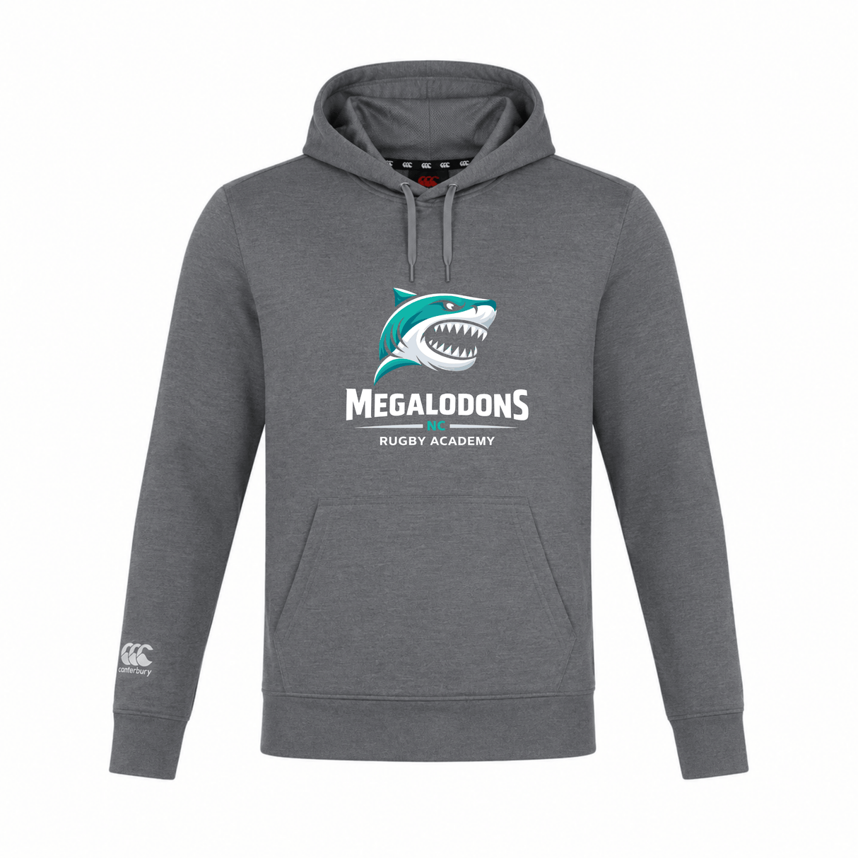 The NC Rugby Academy - Megalodons Club Lightweight Hoodie by WRS Canterbury features a shark logo and "Megalodons NC Rugby Academy" on the front, plus a small Canterbury logo on the left sleeve. Custom made for comfort and style.