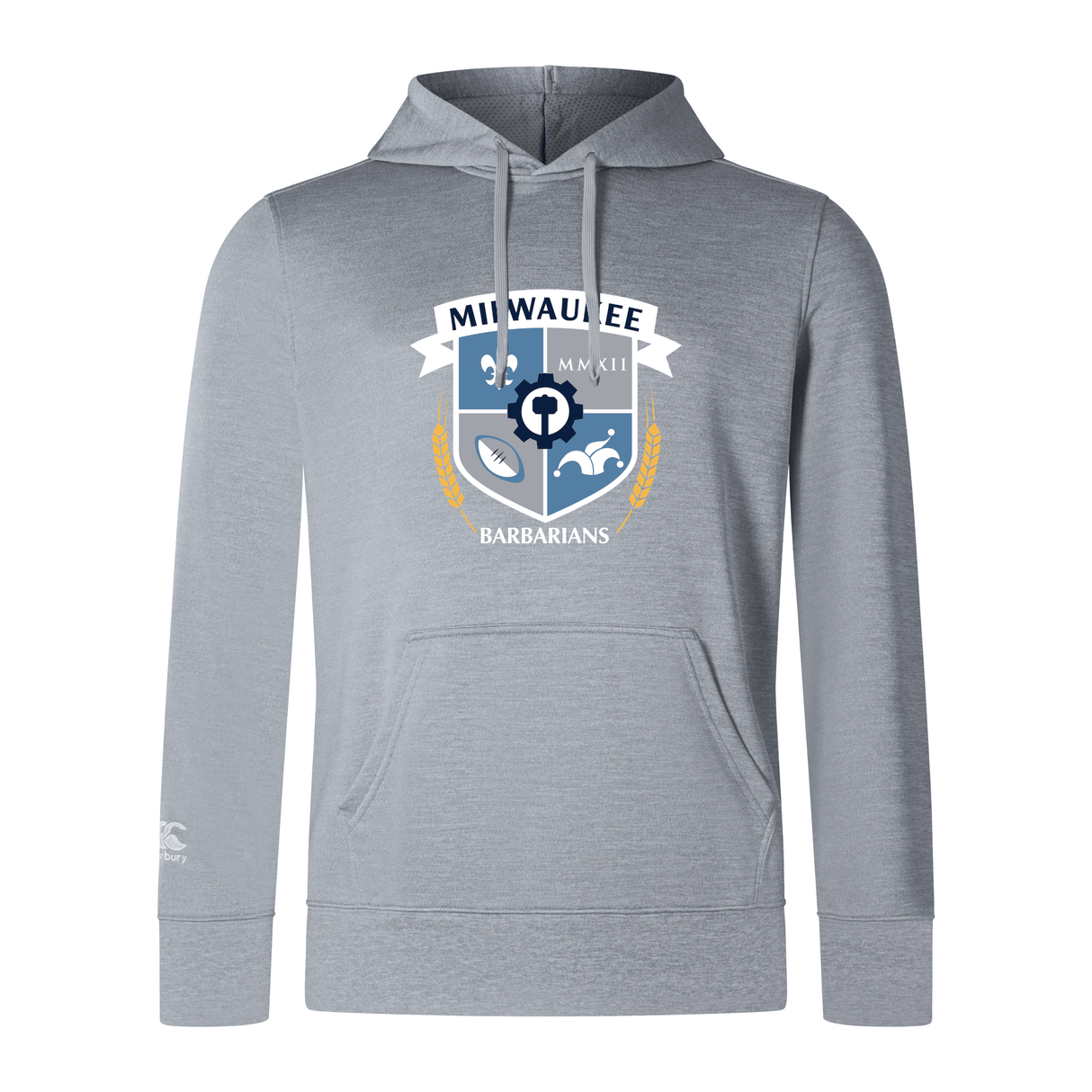The Milwaukee Barbarians Rugby Club Lightweight Hoodie by Canterbury features the club crest and logo on the chest. This light gray hoodie is custom made by WRS Canterbury.