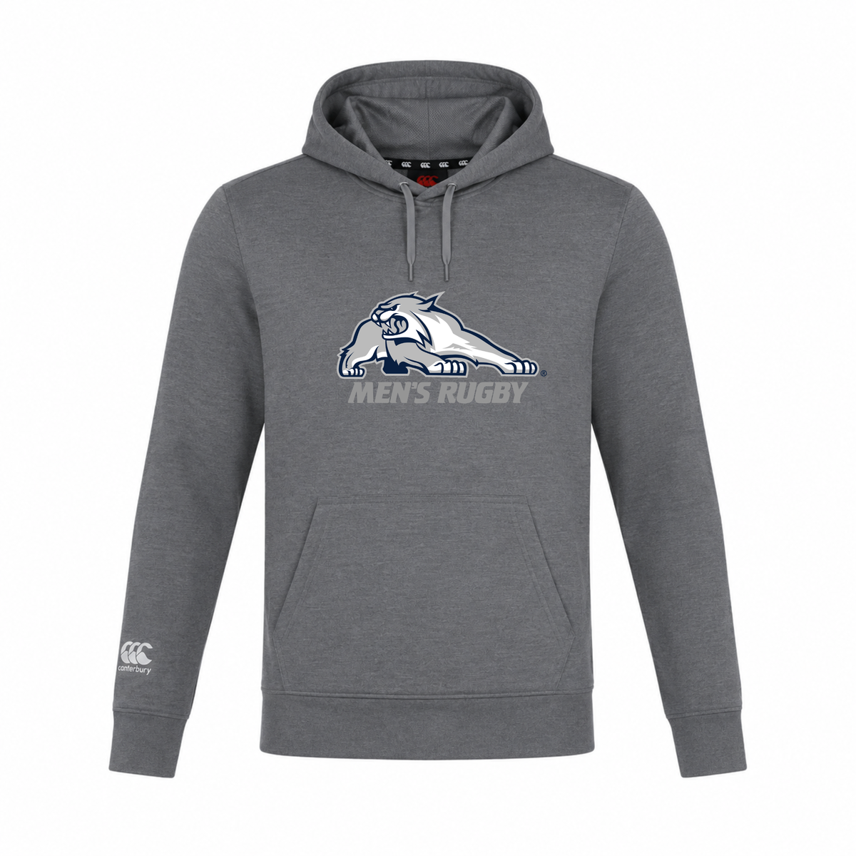 Lightweight gray University of New Hampshire Club Lightweight Hoodie by Canterbury featuring a wildcat mascot logo and “MEN’S RUGBY” text on the chest.