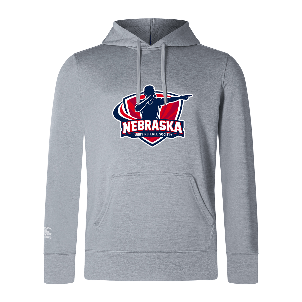 The Nebraska Rugby Referee Society Club Lightweight Hoodie by WRS Canterbury features a front pocket and the society logo in red, white, and blue on the chest. Made from durable polyester for comfort.