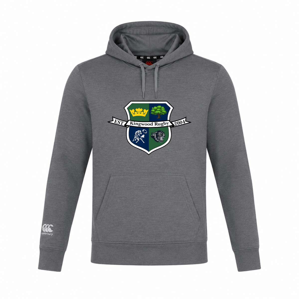 The Kingwood Rugby Club Lightweight Hoodie by WRS Canterbury features the club crest and "EST Kingwood Rugby 2007" on the chest, plus a white Canterbury logo on the sleeve—custom made for comfort and style.