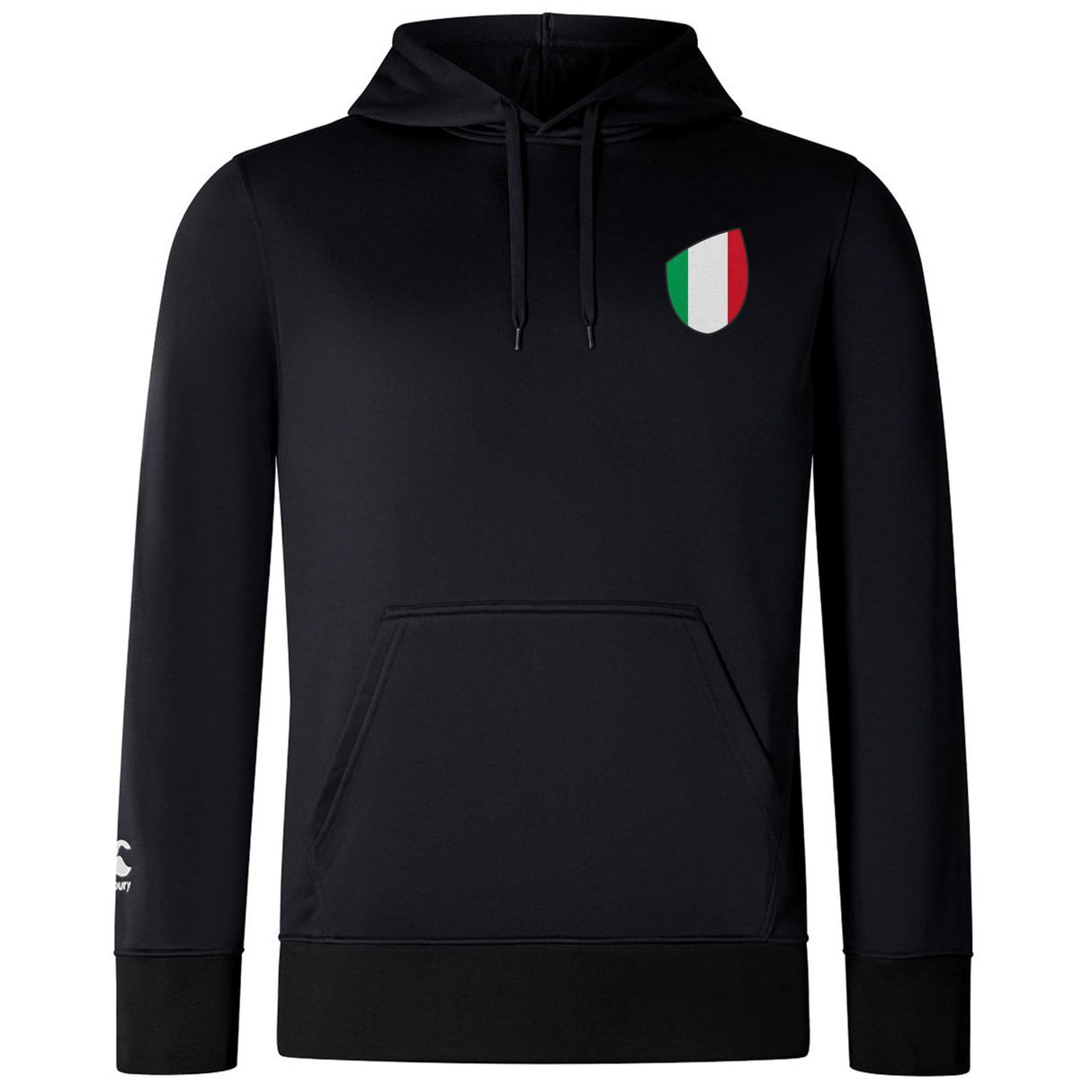 Just In: The Italy Shield Club Lightweight Hoodie by EMB Canterbury is a black hoodie with a front pocket and a small chest emblem showcasing the vibrant colors of the Italian flag.