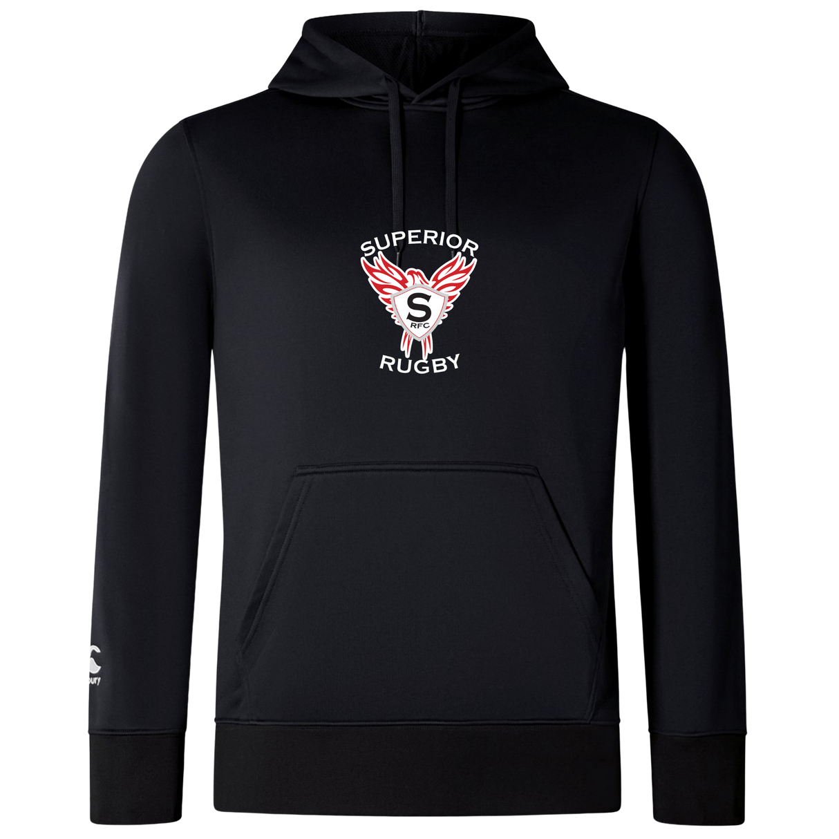 The Superior Rugby Club Lightweight Hoodie by WRS Canterbury features a black design, kangaroo pocket, drawstring hood, chest "Superior Rugby" logo with wings and an “S,” plus a small white logo on the left sleeve inspired by classic Canterbury style.