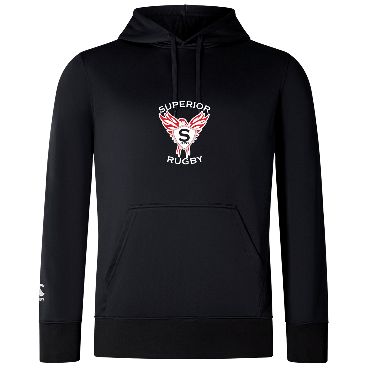 The Superior Rugby Club Lightweight Hoodie by WRS Canterbury features a black design, kangaroo pocket, drawstring hood, chest "Superior Rugby" logo with wings and an “S,” plus a small white logo on the left sleeve inspired by classic Canterbury style.
