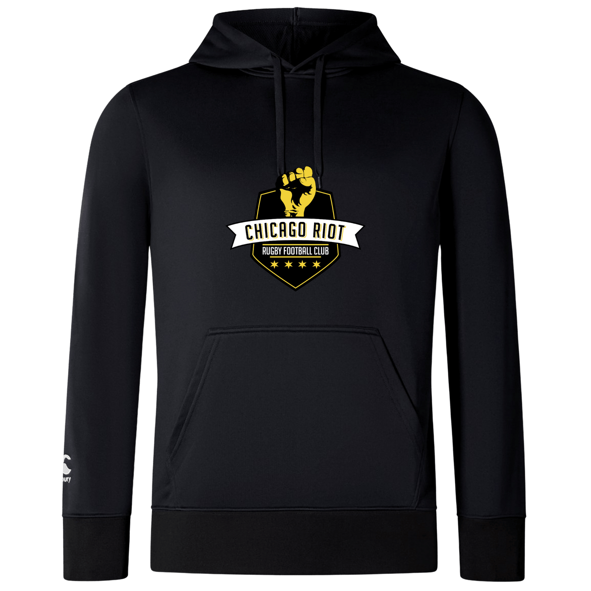 The Chicago Riot Club Lightweight Hoodie by WRS Canterbury is a custom, black lightweight hoodie featuring a yellow and white "Chicago Riot Rugby Football Club" chest logo and a small white logo on the left sleeve for comfort and style.