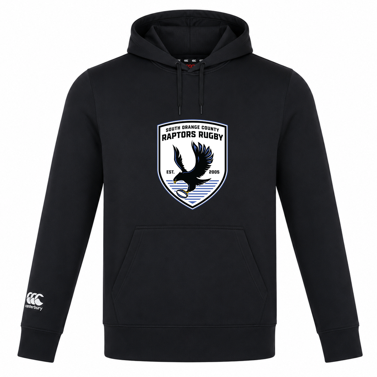 Introducing the South Orange County Raptors Club Lightweight Hoodie by Canterbury—a black hooded sweatshirt custom designed for rugby supporters. Featuring a front pocket, this lightweight hoodie showcases the “South Orange County Raptors Rugby” logo with a flying raptor, as well as an official Canterbury logo on the sleeve. From WRS Canterbury, it combines comfort and style, making it the ideal choice for any rugby enthusiast.
