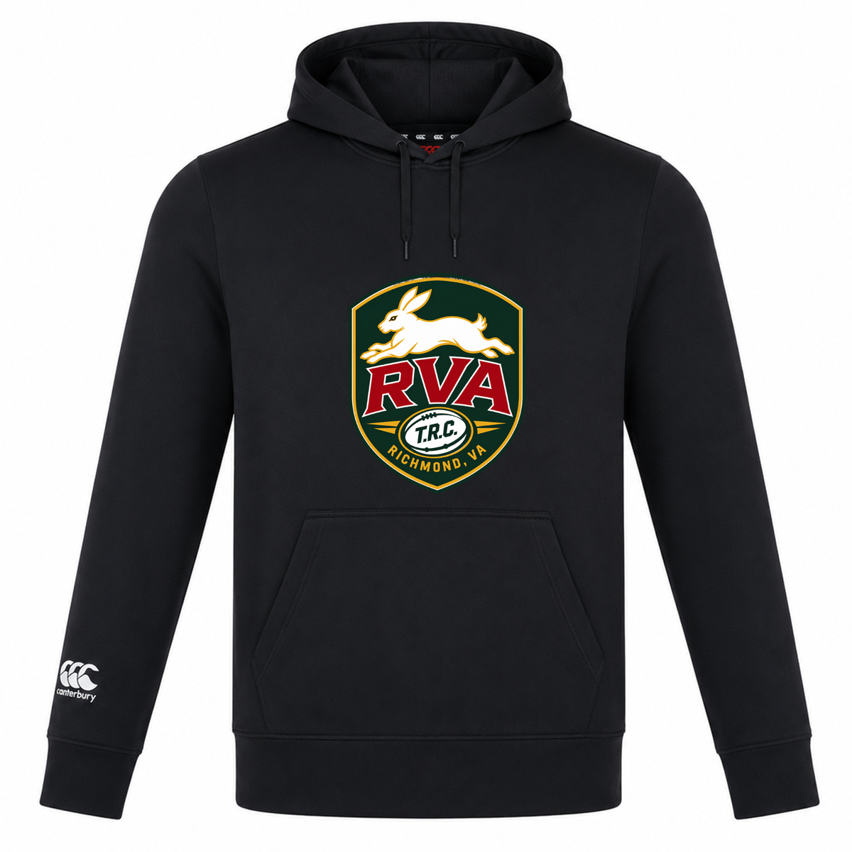 WRS Canterbury’s RVA T.R.C. Club Lightweight Hoodie by Canterbury is a black, lightweight hoodie custom made by the Canterbury Club for ultimate comfort and style, featuring a large RVA rugby logo with a leaping rabbit, “Richmond, VA” text on the front, and a distinctive Canterbury logo on the left sleeve.