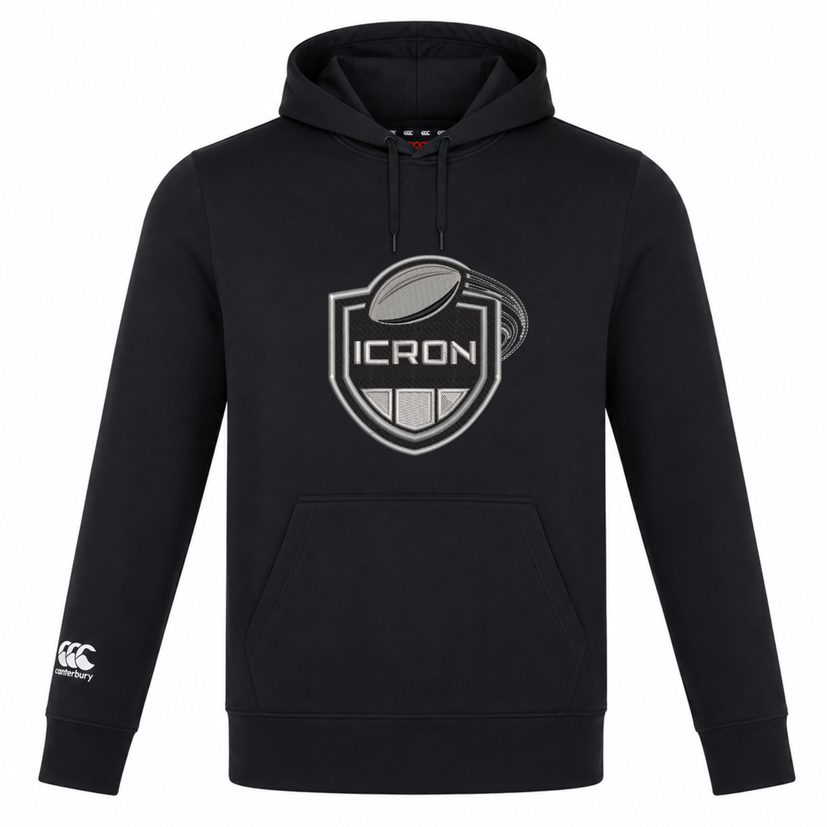 Lightweight black ICRON Club Lightweight Hoodie by Canterbury featuring a drawstring hood, kangaroo pocket, and a chest graphic of a rugby ball above “ICRON” inside a shield emblem.