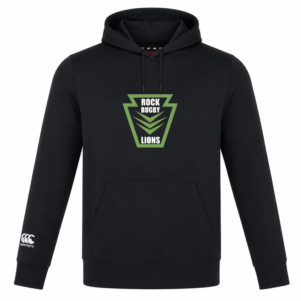 Rock Rugby Club Lightweight Hoodie by Canterbury in black, featuring a green and white “Rock Rugby Lions” crest on the chest and a white logo on the right sleeve.