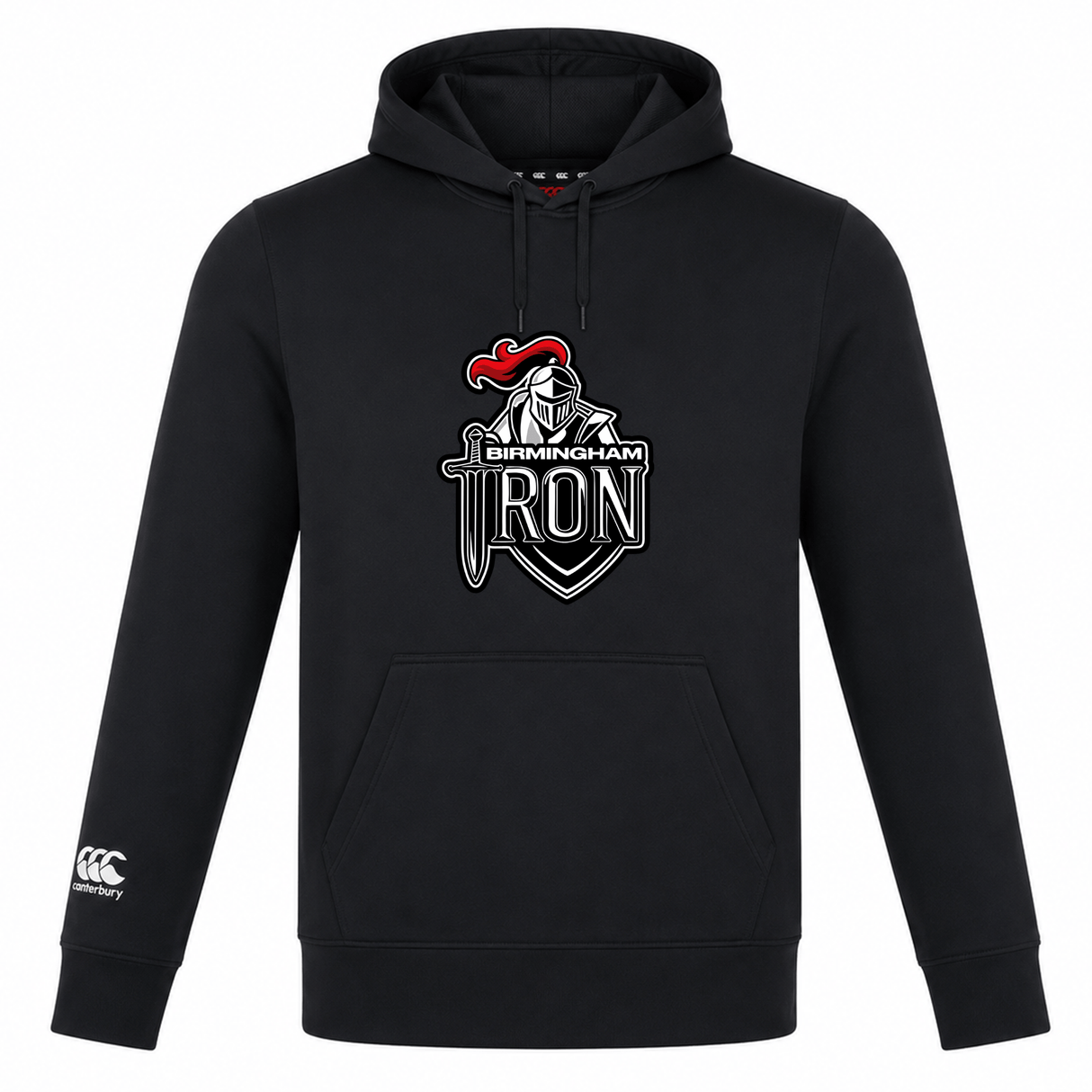 The Birmingham Iron Women's Football Club Lightweight Hoodie by WRS Canterbury features a medieval knight and sword logo on the chest and a custom Canterbury logo on the left sleeve.