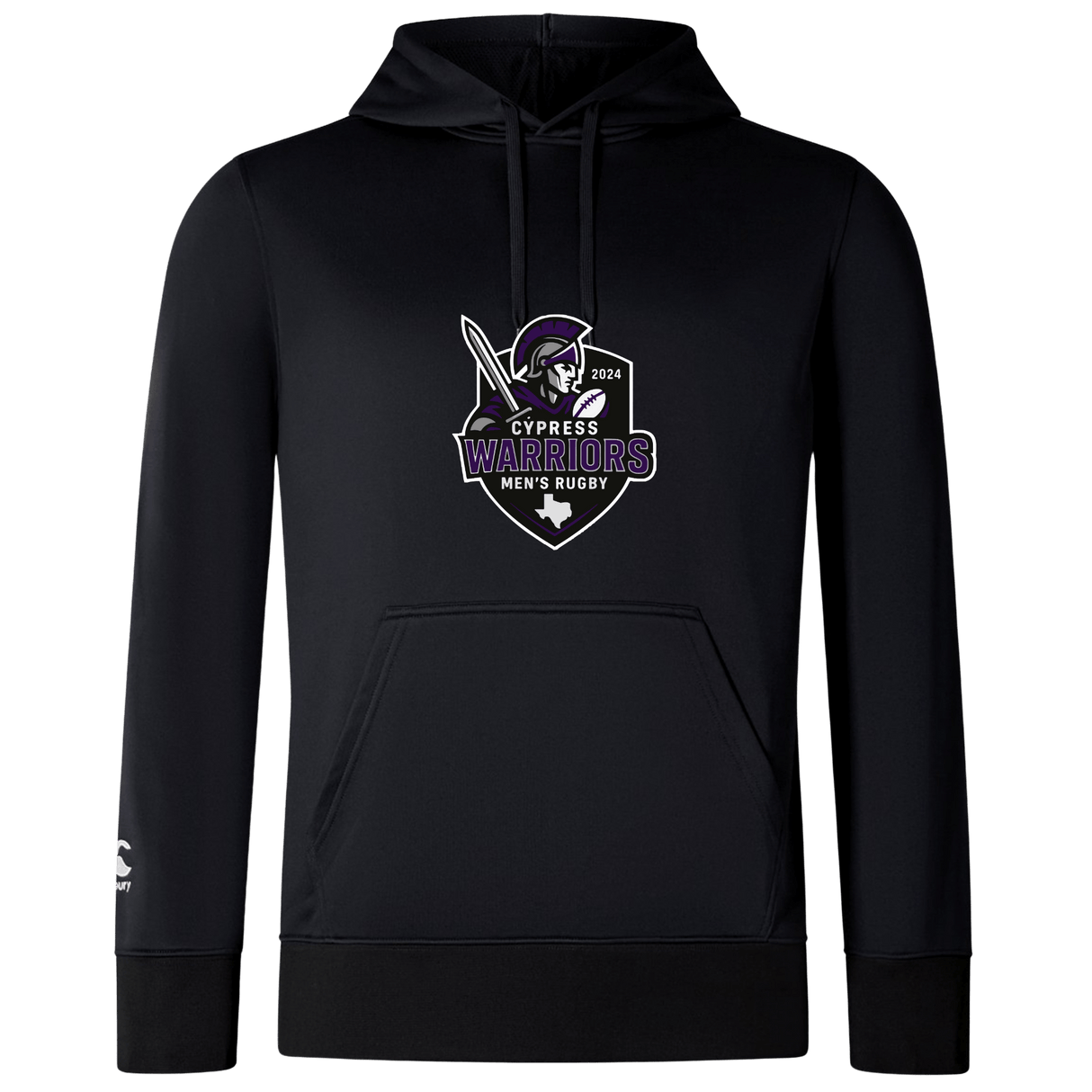 The Cypress Warriors Men's Rugby Club Lightweight Hoodie by WRS Canterbury features the 2024 logo with a warrior helmet and sword design custom made on the chest.
