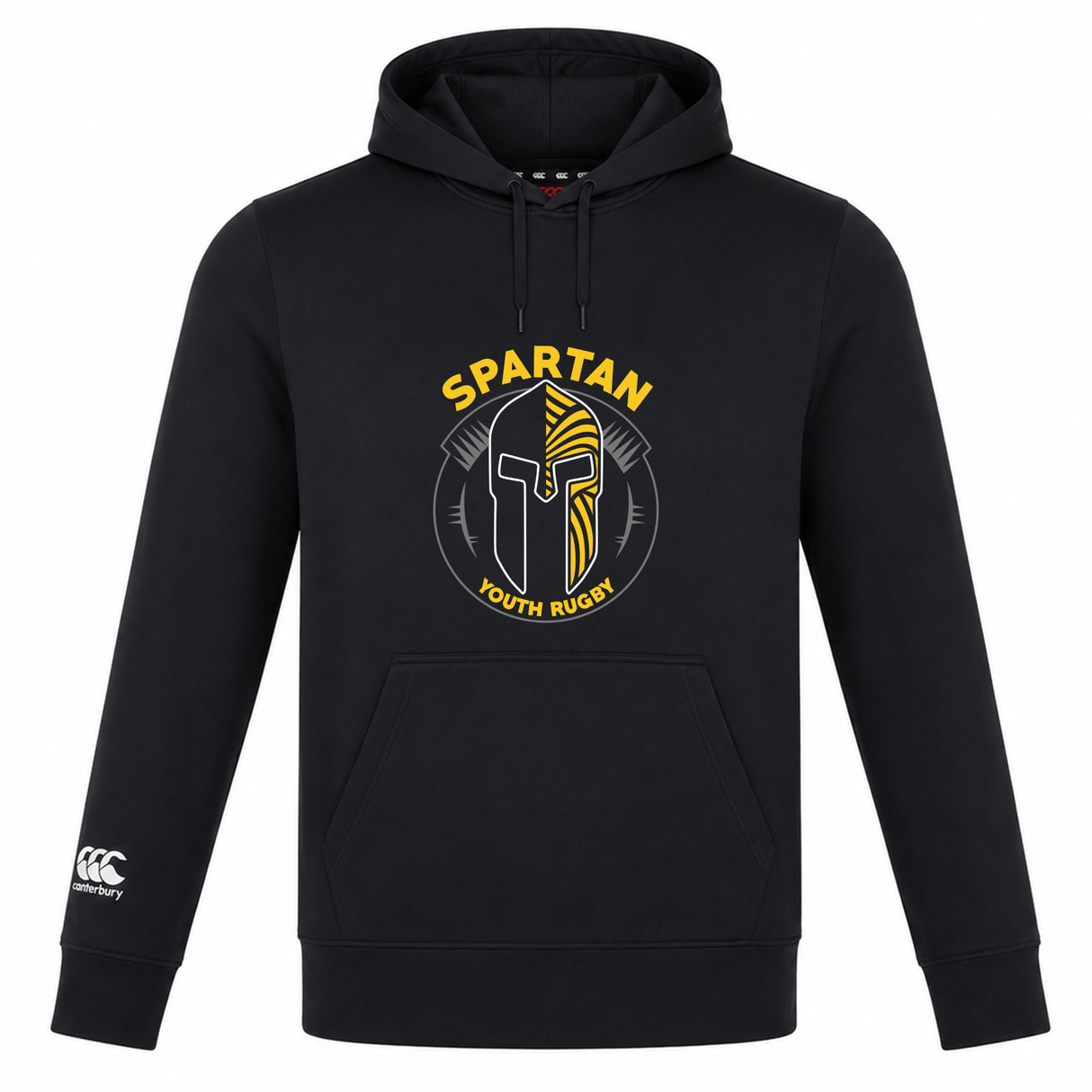 The Spartan Youth Rugby Club Lightweight Hoodie by WRS Canterbury features a front pocket, Spartan helmet graphic, “SPARTAN YOUTH RUGBY” in yellow, and a white Canterbury sleeve logo—perfect for active youth.