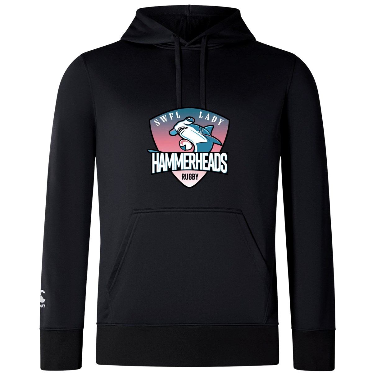 The SWFL Lady Hammerheads Club Lightweight Hoodie by Canterbury from WRS Canterbury features the team logo and a cartoon hammerhead shark for style, offering ultimate comfort in a black, lightweight design.