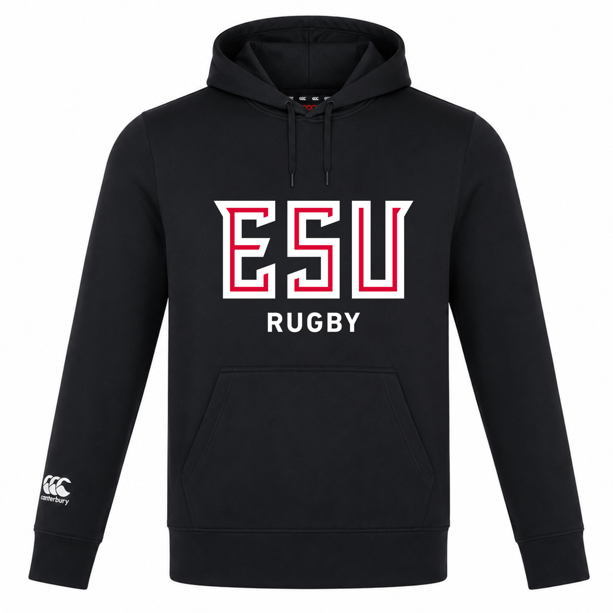 The East Stroudsburg University Club Lightweight Hoodie by Canterbury (WRS Canterbury) is a black hoodie featuring "ESU RUGBY" in bold white and red on the front and a custom Canterbury Club logo on the left sleeve.