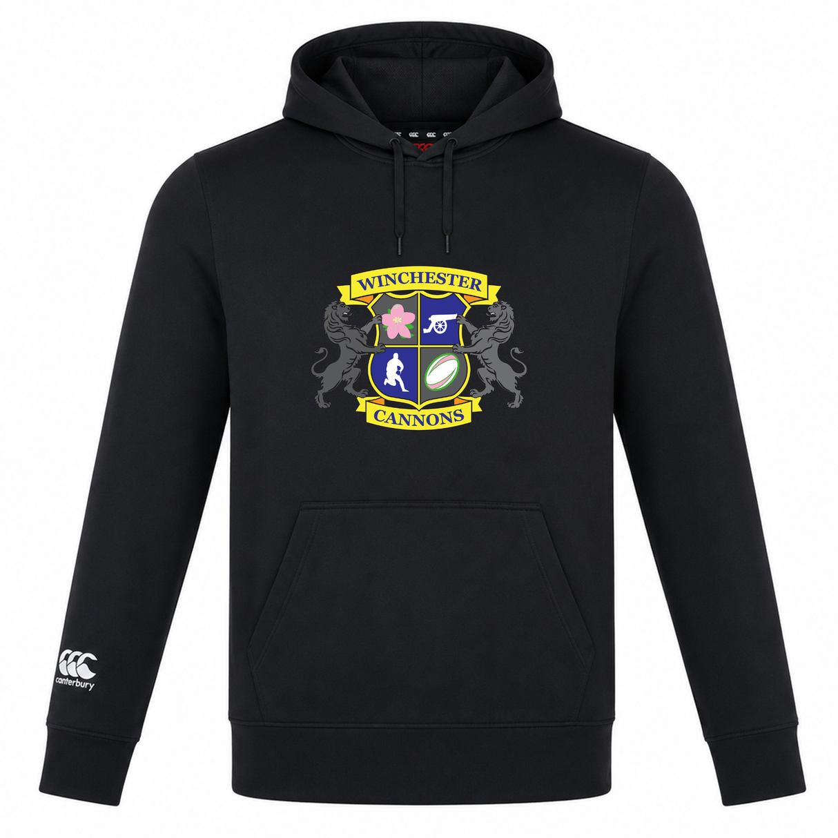 The Winchester Cannons Club Lightweight Hoodie by WRS Canterbury is a black hoodie with a colorful crest on the chest and a white Canterbury logo on the left sleeve—a highlight of the Canterbury Club collection.