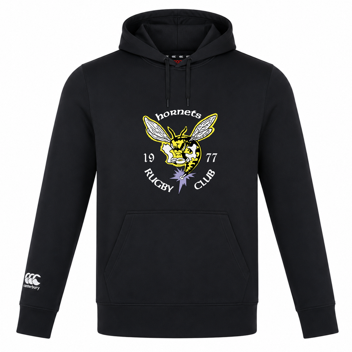 The Hornets Rugby Club 1977 Club Lightweight Hoodie by Canterbury features a black lightweight design with "Hornets Rugby Club 1977" and a hornet graphic on the front, plus the Canterbury Club logo on the left sleeve for a custom-made appearance. This hoodie is from WRS Canterbury.
