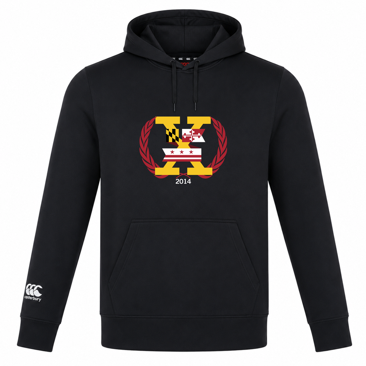 Introducing the Potomac Exiles Rugby Club Club Lightweight Hoodie by Canterbury. Crafted from black polyester, this stylish hoodie features a bold "X" on the chest with Maryland and DC flag elements, laurel leaves, and "2014," while the left sleeve is accented with the Canterbury Club logo. Made by WRS Canterbury, this lightweight hoodie perfectly blends comfort and team spirit for every fan.